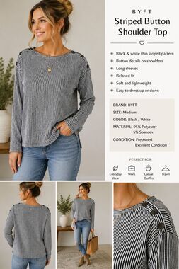 GYFT Women’s Black & White Striped Button Shoulder Long Sleeve Top Size M